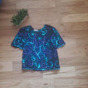 Vintage Lawrence Kozar Black and Blue Beaded Top Medium